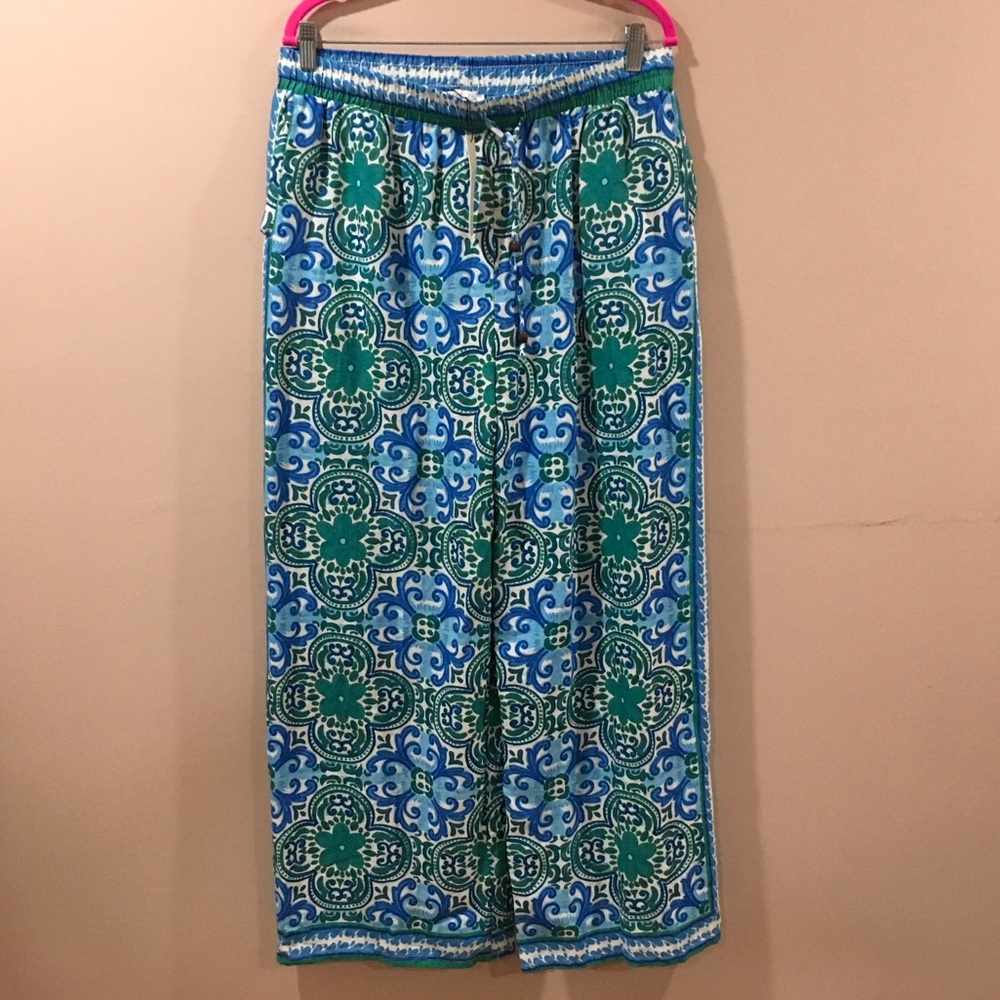 Rachel Zoe Pants Linen Wide Leg Floral Blue Women L Coastal Beach Resortwear